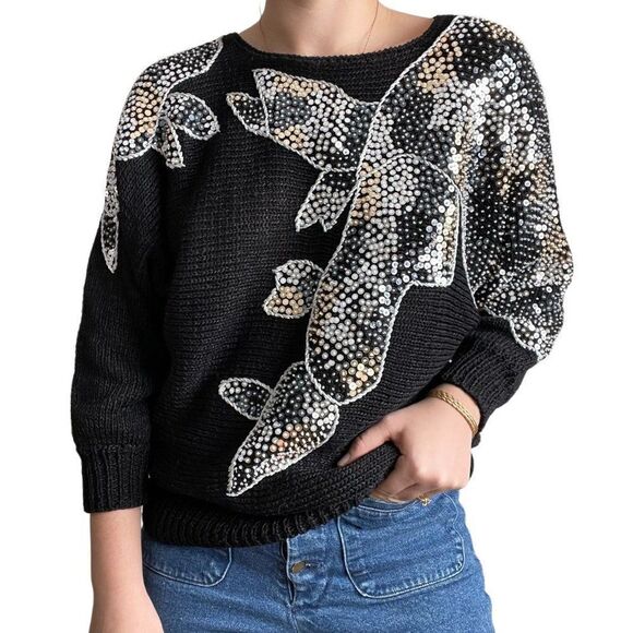 Vintage 80s Womens Black Metallic Sequen Hand Knit Retro Disco Sweater Sz M - Picture 1 of 10